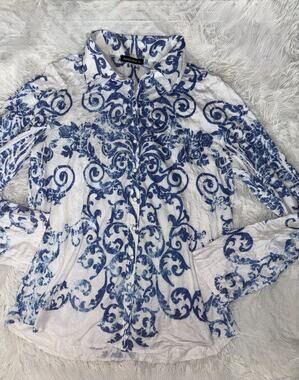 David Cline XL Blue Design “Crushed Crinkle” Snap W/ Roll Sleeves top. Exc. Cond